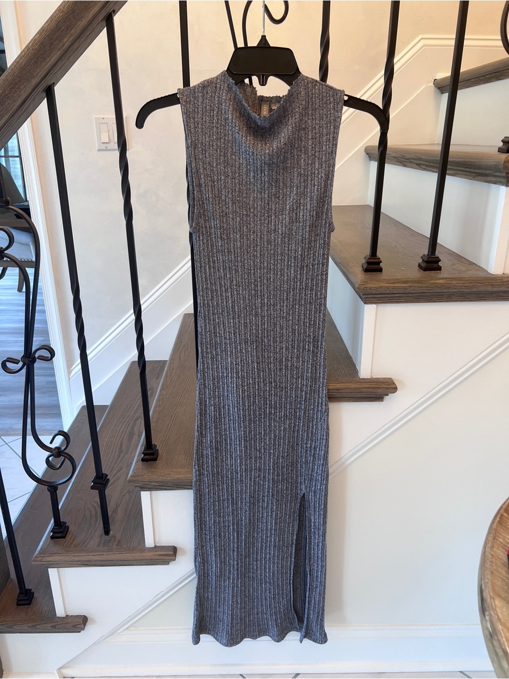ASOS Grey Ribbed Knit Mock Neck Sleeveless Midi Maxi Dress Side Slit Sz 4 / S